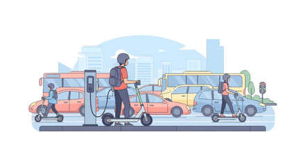 Fototapeta premium City street scene with people riding e-scooters, urban transportation, modern cityscape