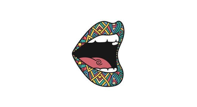 Stylized open mouth illustration with vibrant geometric tribal pattern.