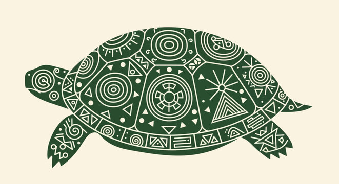 Stylized decorative green turtle with intricate geometric tribal patterns.