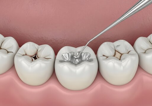 Dental procedure showing a filling being applied to a tooth with a metal instrument in a close up view