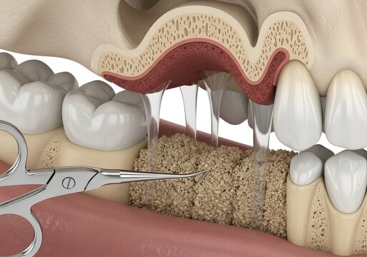 Dental procedure showing gum recession with bone graft and surgical scissors in a model of the mouth