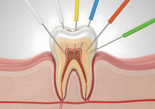 Illustration of a tooth with colored probes inserted showing the internal structure of a tooth