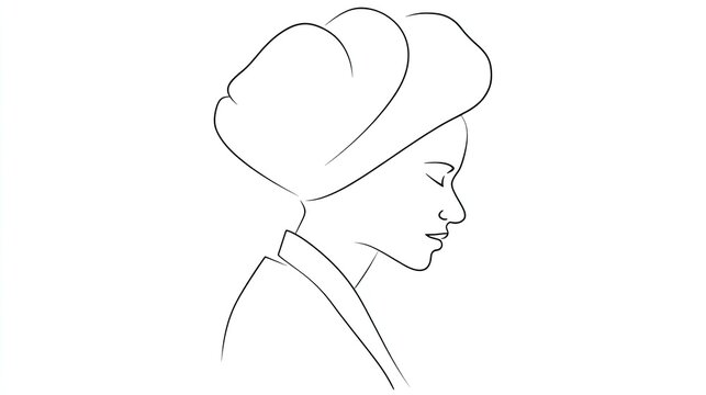 Minimalist line drawing depicts a woman wearing a wrapped towel on her head with eyes closed in repose