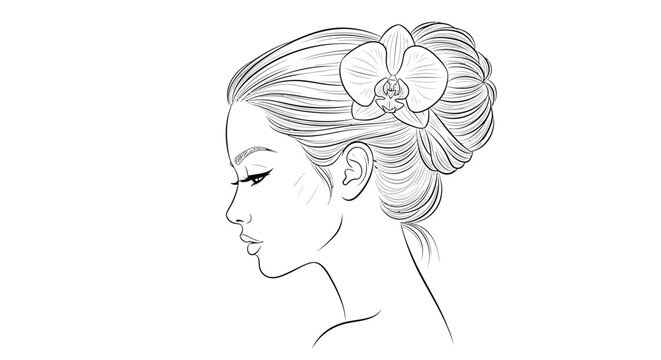 Elegant woman s profile with an orchid blossom adorning her updo hairstyle