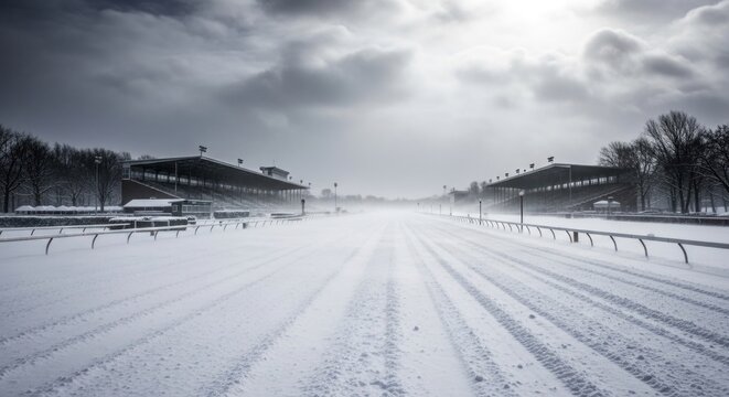 Snow covered race track under overcast sky showing bleachers and trees