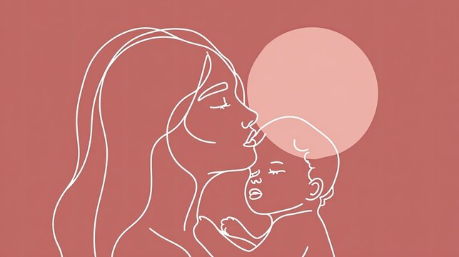 Minimalist line art depicts maternal affection shared between a mother figure and an infant.