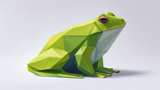 Bright green geometric amphibian representation sits against a light background.