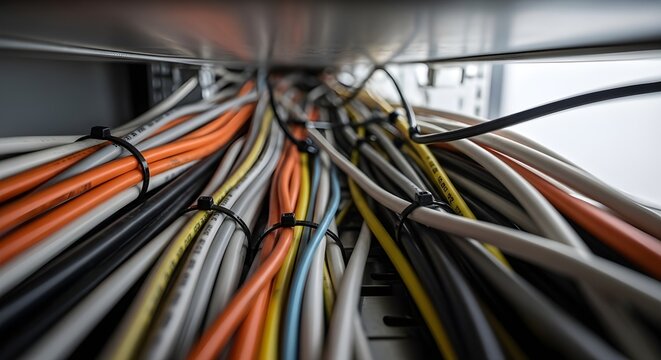 Close-up of colorful computer network cables in a server rack