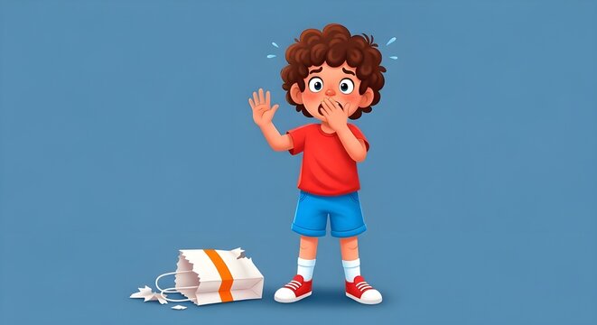 Child shocked by spilled groceries from paper bag, cartoon style