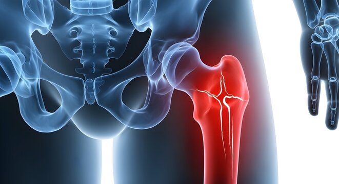 Close-up 3D X-ray of human hip joint, highlighting painful femur