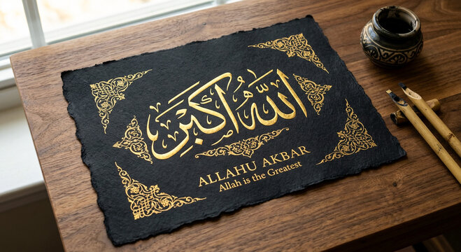 Gold Allahu Akbar Arabic Calligraphy on Handmade Black Paper