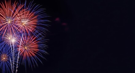 Fototapeta premium Fireworks banner, colorful sylvester-fireworks on blue background with sparks and space for text. Independence day USA 
