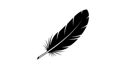 Fototapeta premium Black silhouette of a single bird feather isolated on white background.
