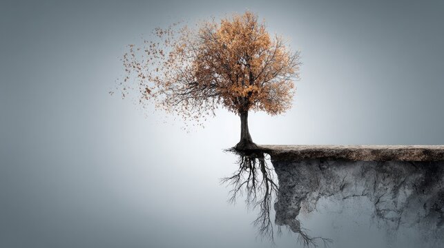 Solitary tree with diminishing foliage stands precariously at the edge of a cliff face.