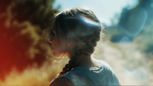 A beautiful and ethereal profile portrait of a young woman with light brown braided hair, captured in soft natural light.