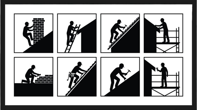 Roofing construction worker icons set featuring roofers repairing shingles installing chimneys and bricklayers for home renovation building maintenance and professional contractor services