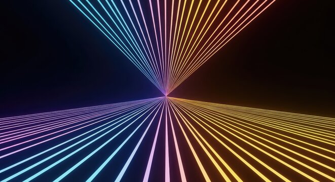 Abstract digital background with deep vanishing perspective and glowing geometric lines stretching toward an infinite open horizon, minimal, blue, technology