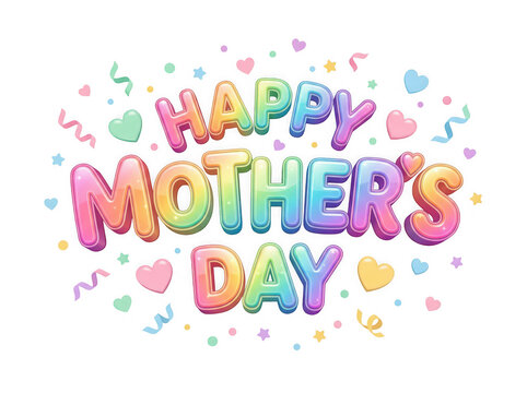 colorful happy mother's day text with hearts and confetti isolated on transparent background