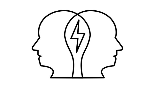 Minimalist black line vector icon illustration of two human head profiles facing away from each other with a lightning bolt in the center, representing conflict, mental tension, or brainstorming.