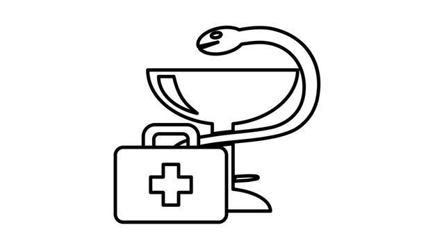 Medical pharmacy symbol vector icon featuring the Bowl of Hygieia with a snake coiled around a cup and a first aid kit bag with a cross, minimalist black line art illustration for healthcare.
