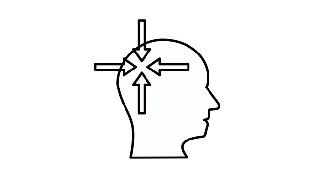 Minimalist black vector icon illustration of a human head profile with four arrows pointing inward to a central point, representing focus, concentration, mental pressure, or a headache.
