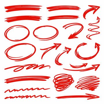 Collection of red hand-drawn arrows, circles, and scribbles on a white background