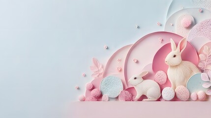 パステルカラーのうさぎと抽象円形デザインの背景素材 春のやさしいイメージ