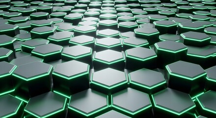 Fototapeta premium 3d hexagonal grid pattern with neon green edges on dark background
