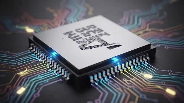 Close up of a microchip with circuit board elements in the background