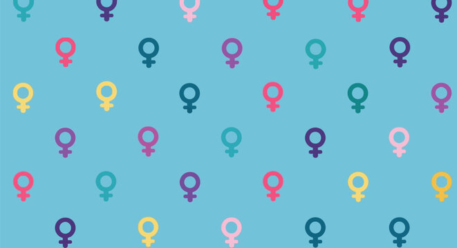 Colorful female gender symbol pattern on light blue background.