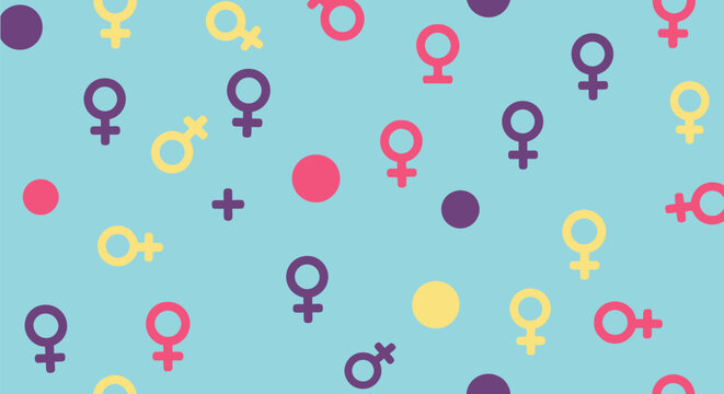 Seamless pattern with female gender symbols in vibrant colors.