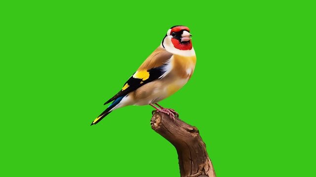 European goldfinch perched on the tree and singing in green background