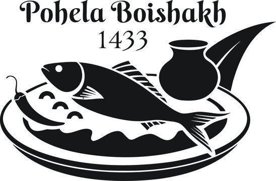 Minimalist Panta Ilish Bengali New Year Pohela Boishakh 1433 Traditional Food Clean Silhouette Vector Premium Stock Illustration Design Element