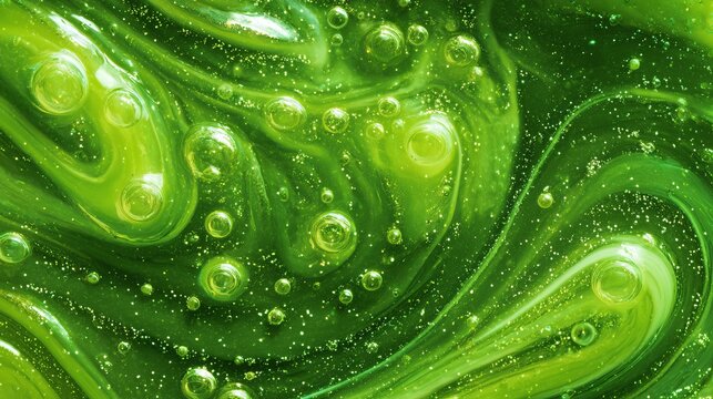 Green gel close-up shows tiny bubbles and flowing designs. Smooth, shiny surface gives a fresh, lively look.