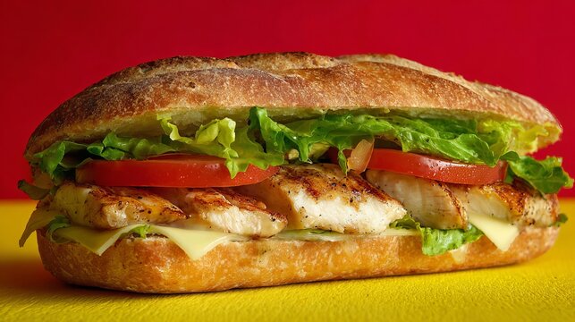 Tasty fish sandwich with tomatoes, cheese, and lettuce sits on a bright yellow and red surface.