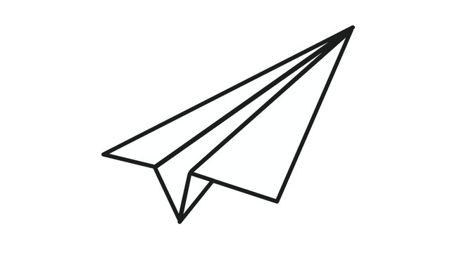 Minimalist black line art vector illustration of a paper airplane icon, a simple origami glider symbol representing communication, message delivery, travel, and creative startup launch concepts.