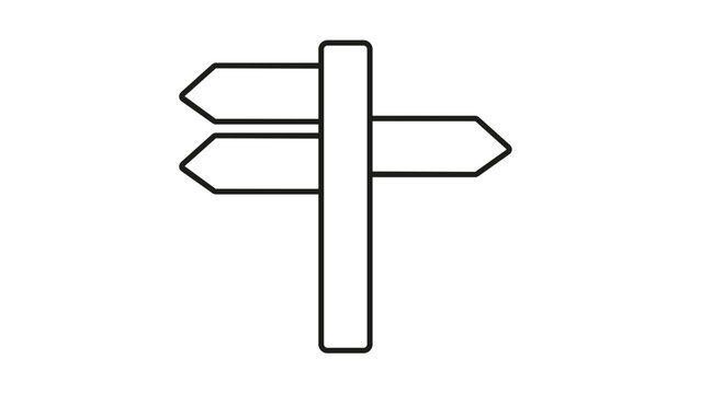 Minimalist black outline vector illustration of a directional signpost with three arrow-shaped boards pointing left and right, representing navigation, travel, choice, and guidance symbols.