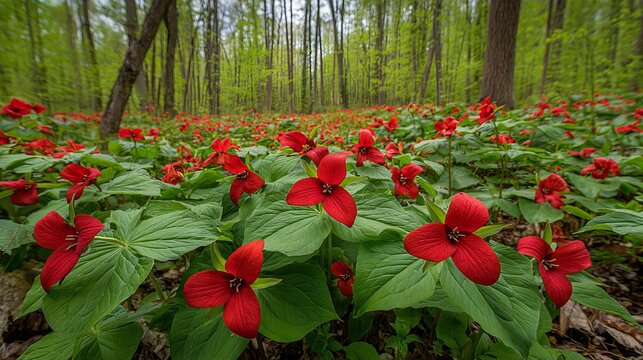 Bright red trillium blooms carpet the woods in Ontario, Canada.