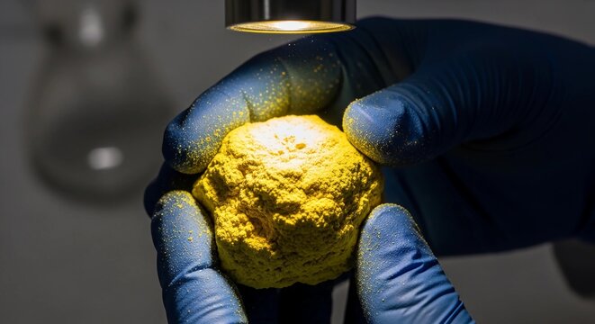 Scientist holding a sample of uranium yellowcake for analysis in a laboratory. Researcher examining radioactive fissile mineral or ore for nuclear fuel processing and energetic research.