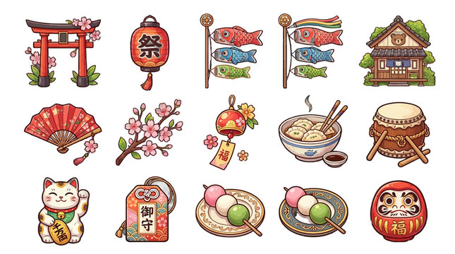 Japanese culture symbols and icons set