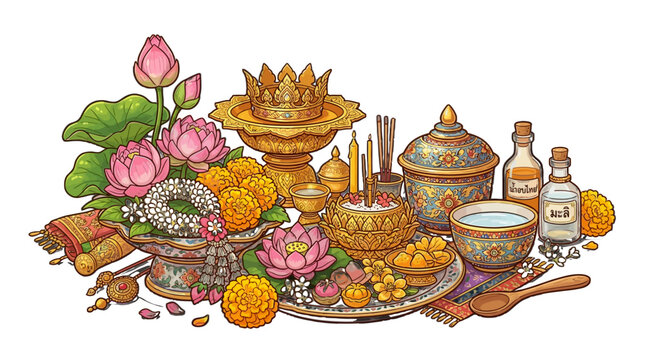 Traditional Thai Buddhist offering with flowers and incense