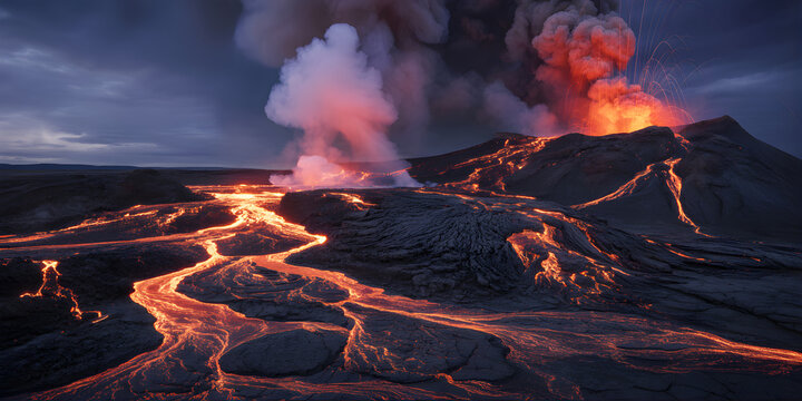 Active volcanic eruption with glowing lava flows and ash plumes representing geological natural disasters