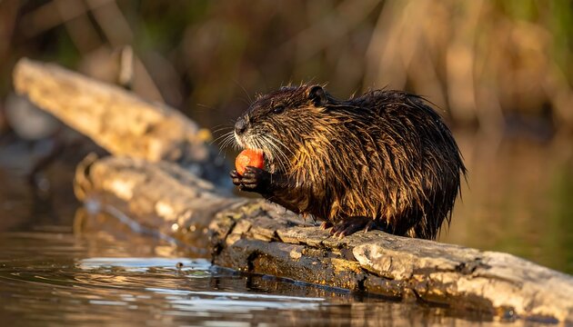 Brown semi-aquatic mammal holds an orange object while perched on a log near the water's edge in the sun