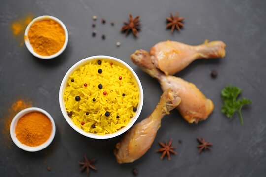 Delicious, golden chicken drumsticks are artfully arranged alongside a vibrant bowl of yellow saffron rice, complemented by fresh parsley on a dark background.