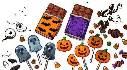 Fototapeta premium Halloween candy and sweets illustration with ghosts pumpkins