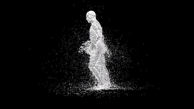 A 3D animated character performs a sword dance with dynamic water splash effects. The clip ends with an alpha matte, making it suitable for creative projects, entertainment, or digital media use.