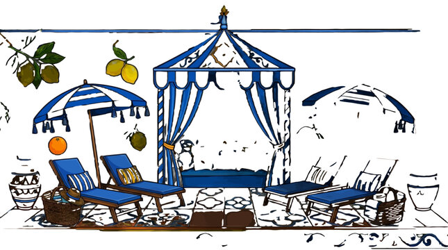 Blue and white beach lounge with canopy and umbrellas