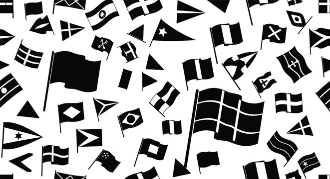 Seamless pattern with diverse national flags and pennants silhouettes in black and white for international travel, global events, and world geography.