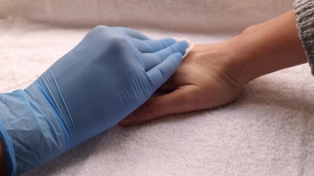 Close-up of a specialist wearing blue gloves wiping the back of a patient's hand with a cotton disk. Medical skin preparation or post-treatment care in a bright clinic.