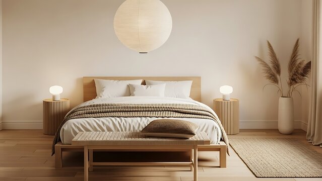 Modern minimalist bedroom featuring a comfortable wooden bed frame with white linen bedding and decorative textured pillows inside a bright and serene contemporary sleeping space interior